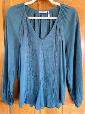 Boho Embroidered V-Neck Peasant Top - green